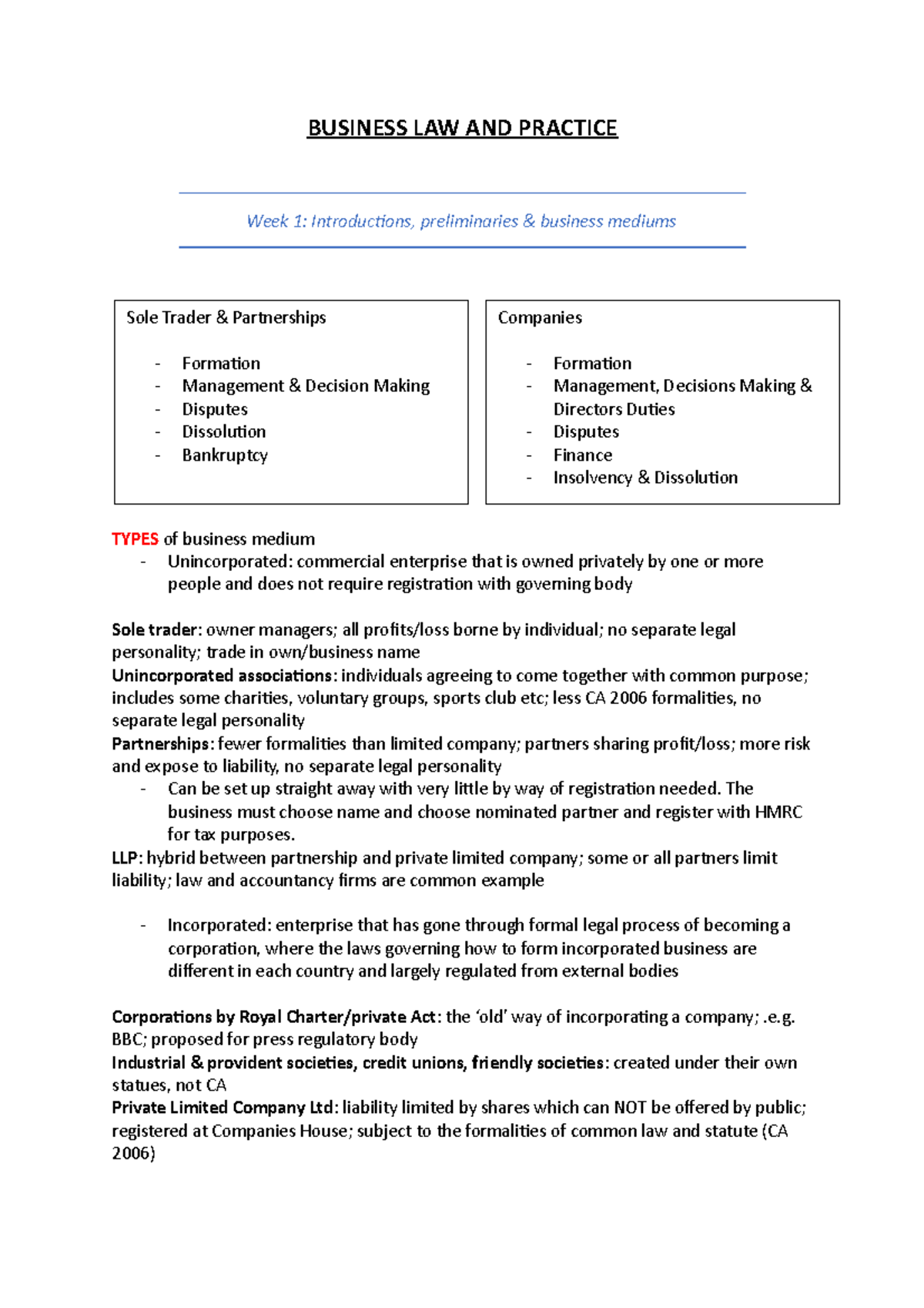 summary exam notes - BUSINESS LAW AND PRACTICE Week 1: Introductions ...
