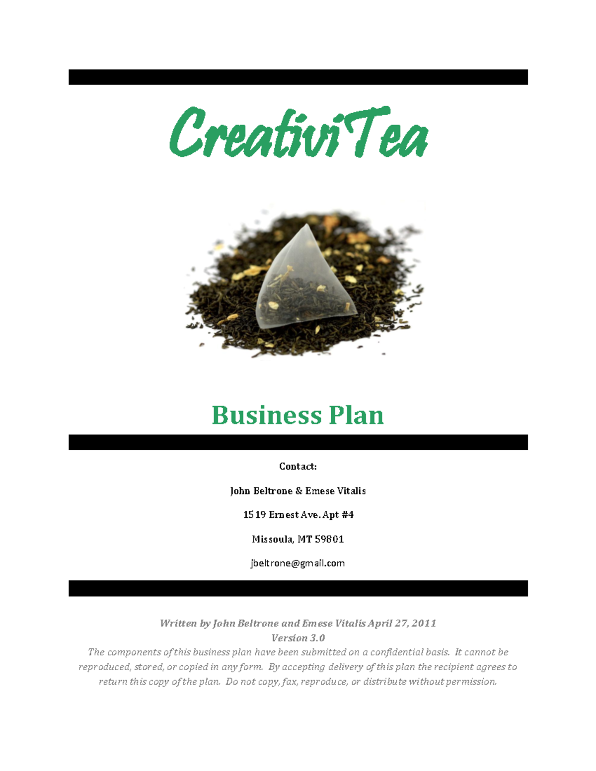 Creativi Tea Business Plan Master CreativiTea Business Plan Contact