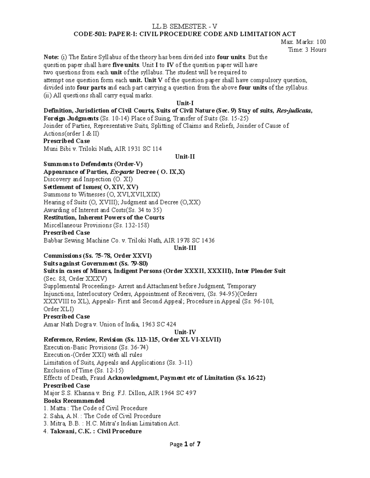 Llb 5TH semester - syllabus KUK - CODE-501: PAPER-I: CIVIL PROCEDURE ...