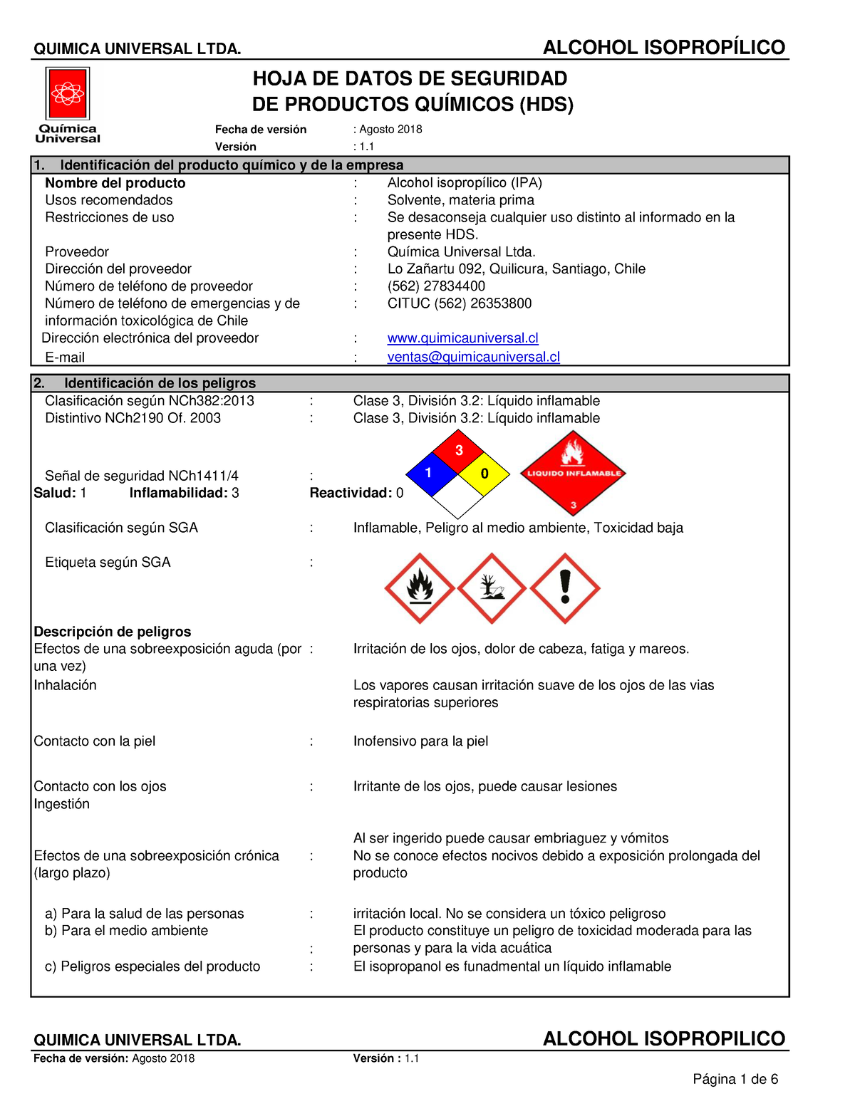 HDS Alcohol isopripilico quimica U - : 1. : Alcohol isopropílico (IPA 