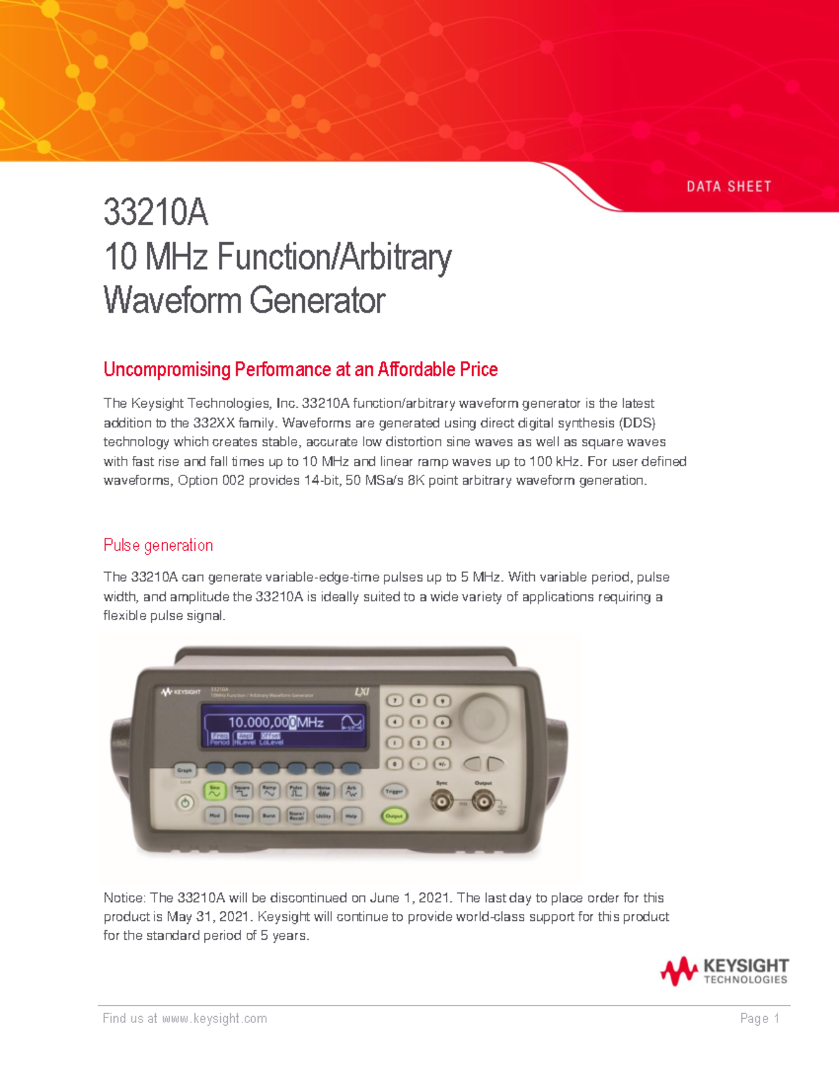 Function Generator Data Sheet - 33210A 10 MHz Function/Arbitrary ...