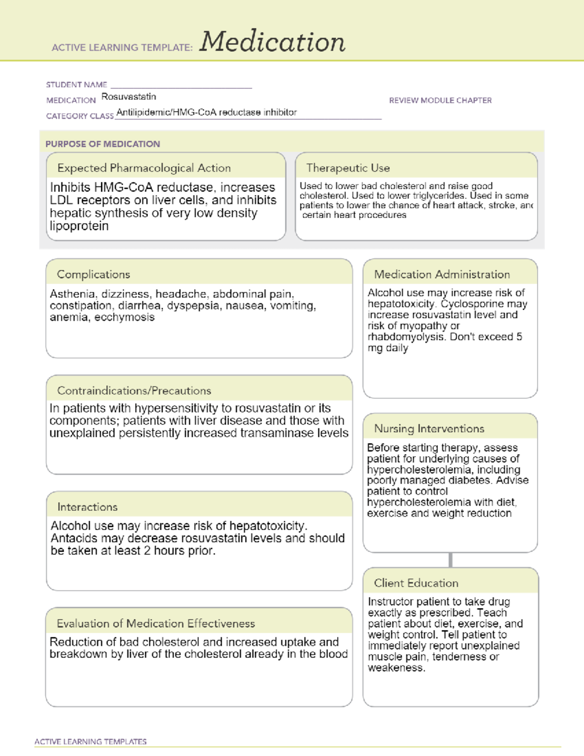 Rosuvastatin - Drug information - NURSE 154 - Studocu