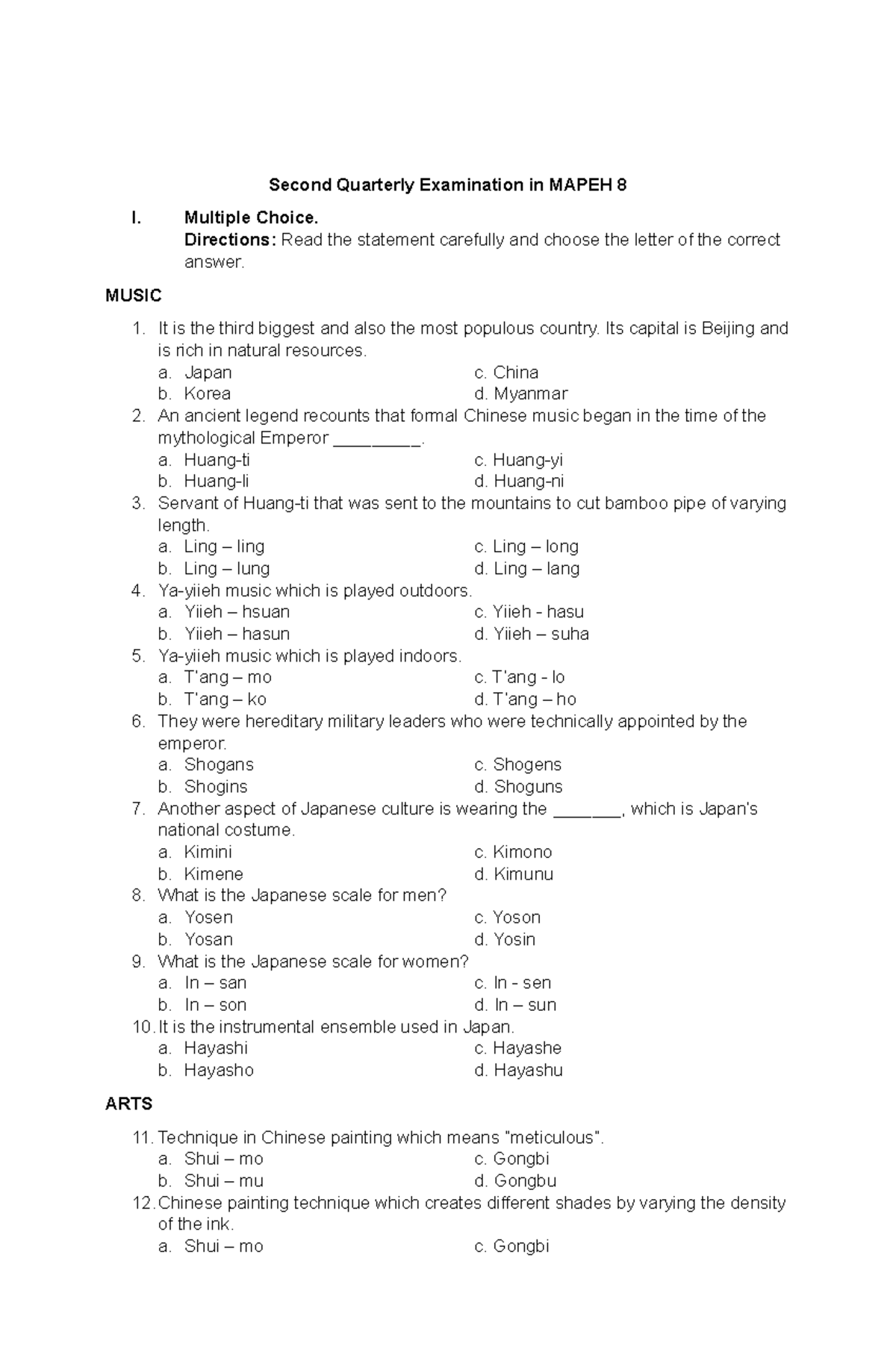 Second Quarterly Examination IN Mapeh 8 - Second Quarterly Examination ...