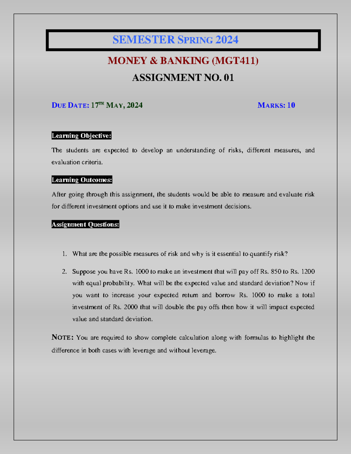 Spring 2024 MGT411 1 - read - SEMESTER SPRING 2024 MONEY & BANKING ...