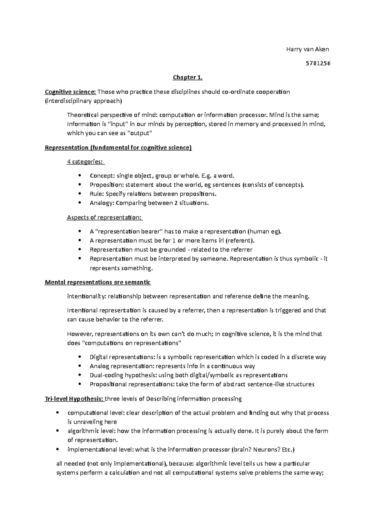 Samenvatting inleiding tot de cognitiewetenschap H1,2,3,4,5,6 - Harry ...