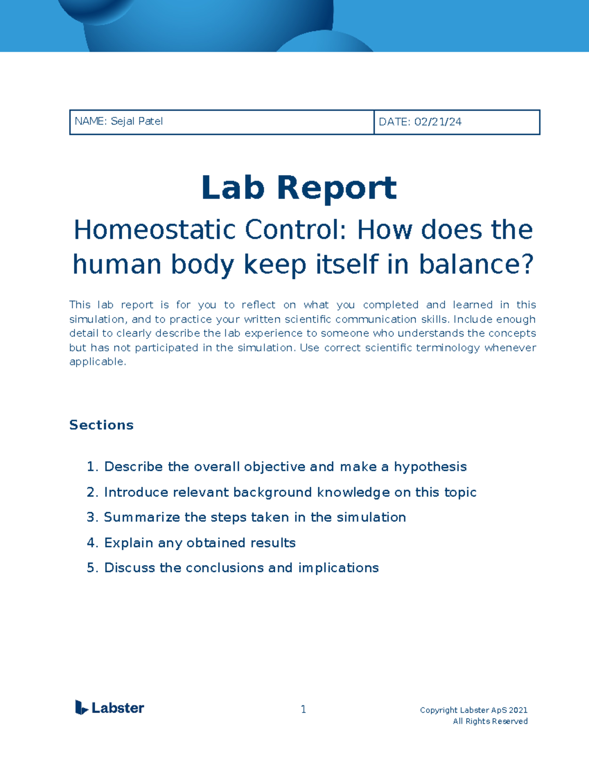 Lab Report Homeostatic Control How does the human body keep itself in