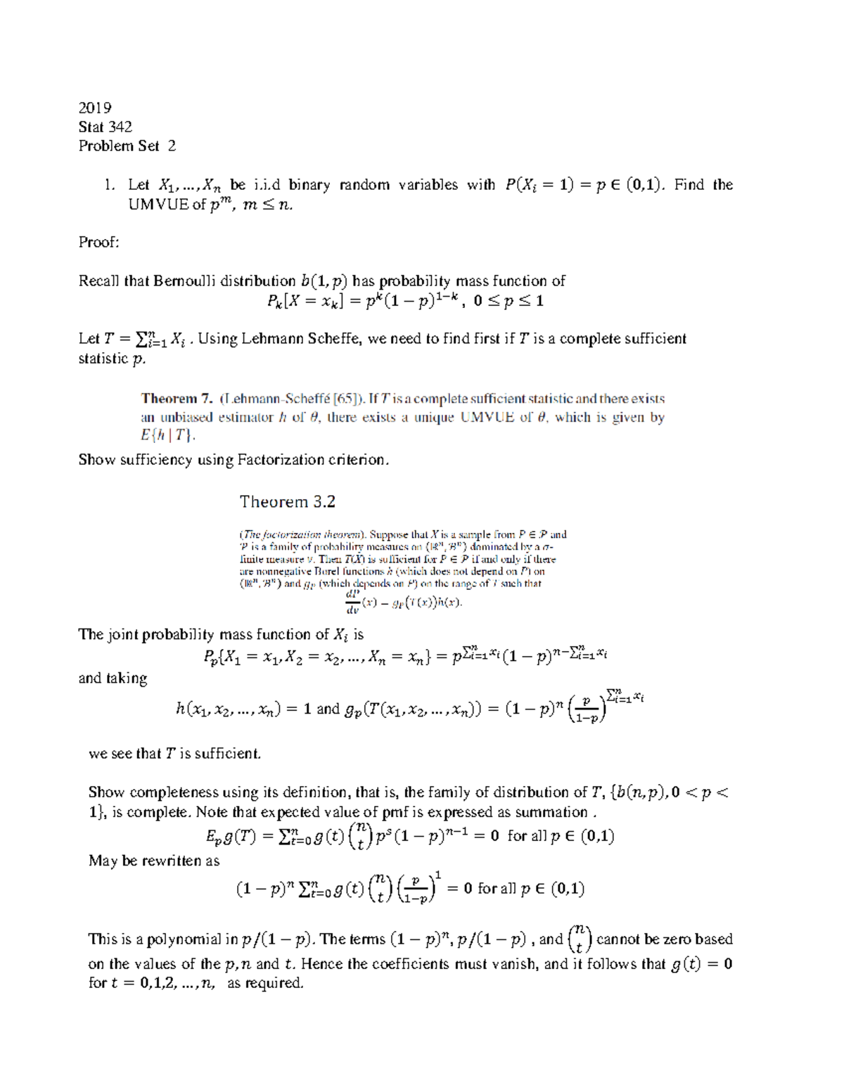 Problem Set 2 Stat 342 part 1 - Stat 342 Problem Set 2 Let 𝑋 1 ,...,𝑋 𝑛 ...