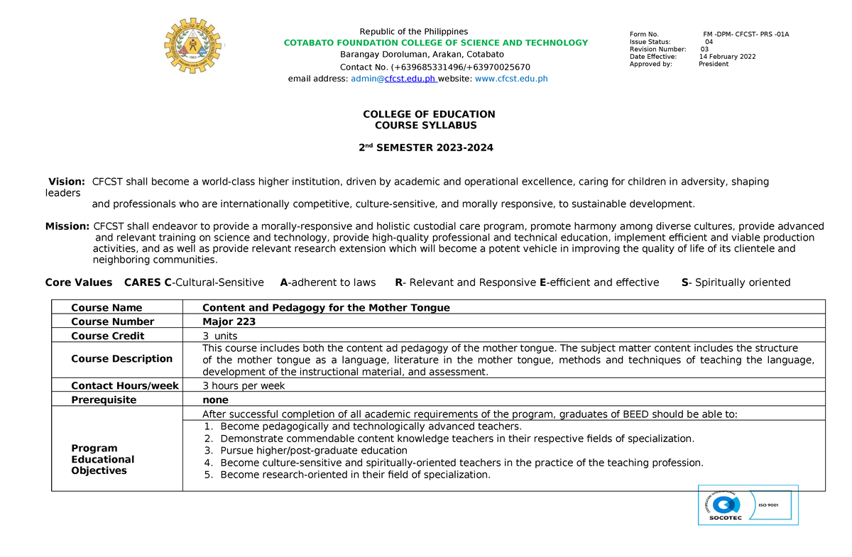 Major 223; Content And Pedagogy For The Mother - COTABATO FOUNDATION ...