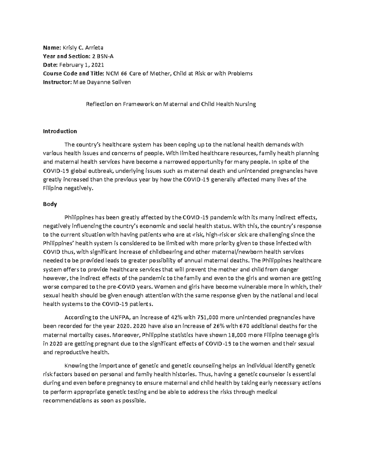 Reflection on Framework on Maternal and Child Health Nursing Name