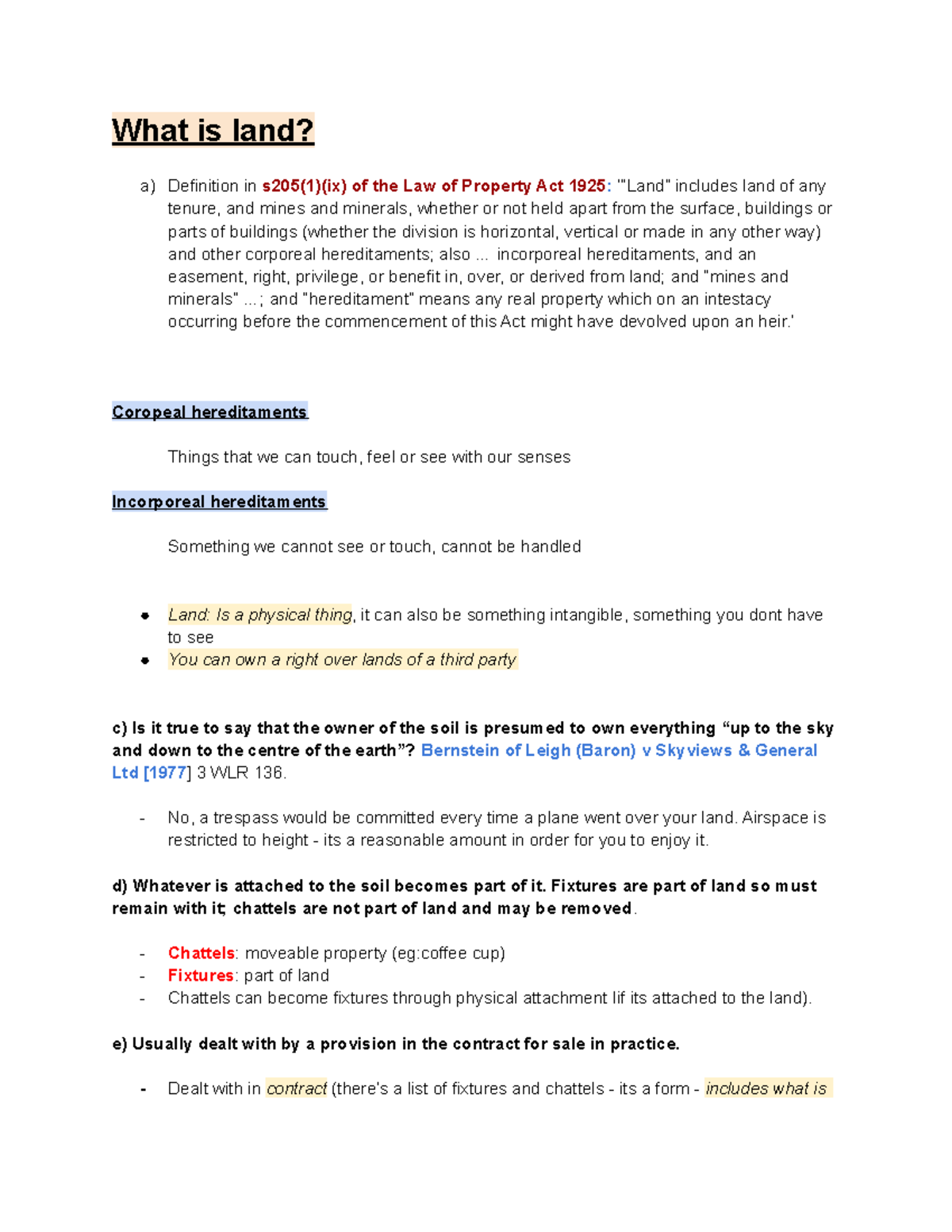 Land law - LG 1 - Large group 1 - What is land? a) Definition in s205(1 ...