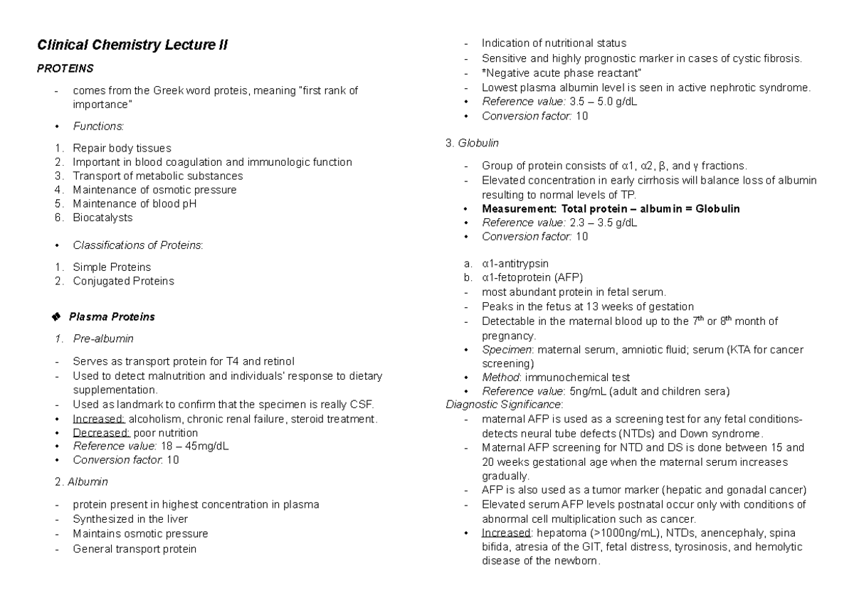 Clinical Chemistry Lecture II Notes - Clinical Chemistry Lecture II ...