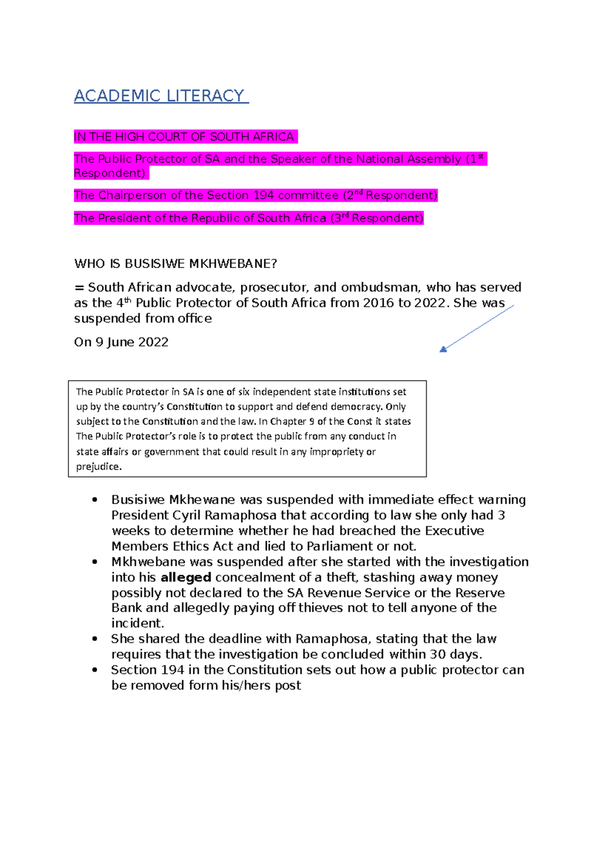 Academic Literacy Notes - ACADEMIC LITERACY IN THE HIGH COURT OF SOUTH ...