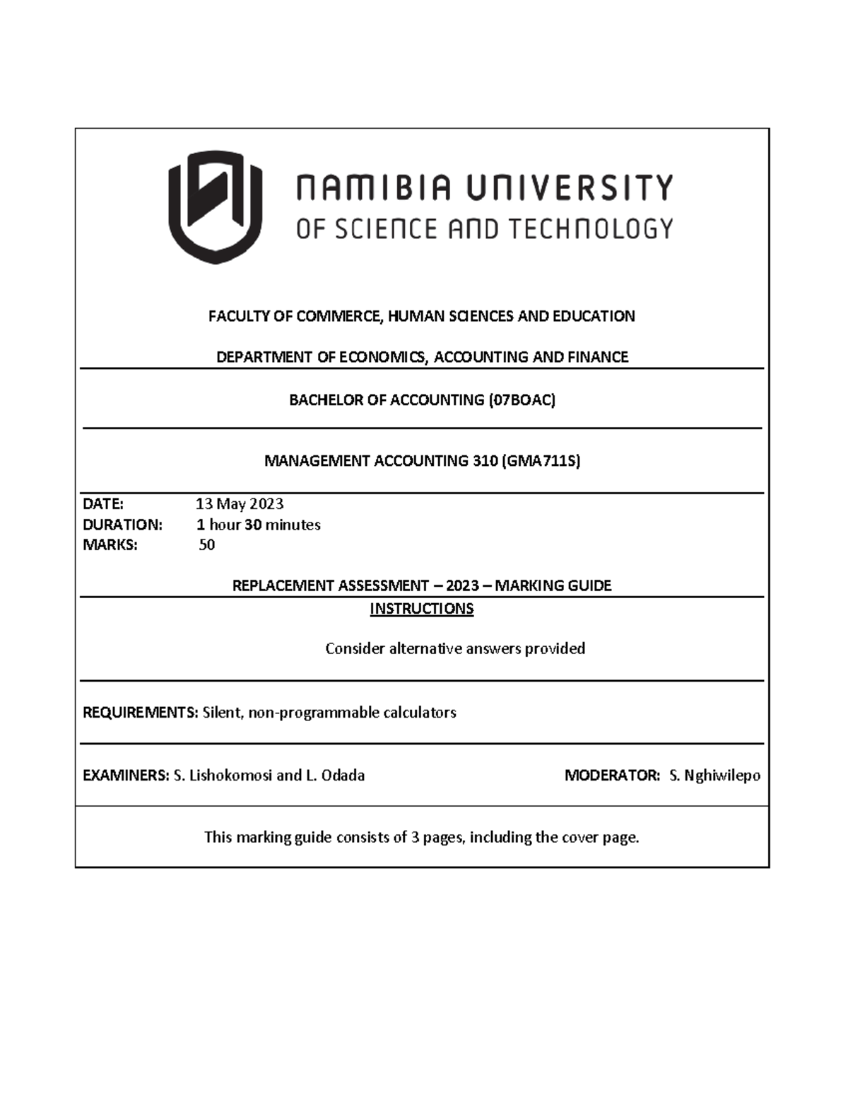 2023 GMA 711S Replacement AssessmentMemo FACULTY OF COMMERCE, HUMAN