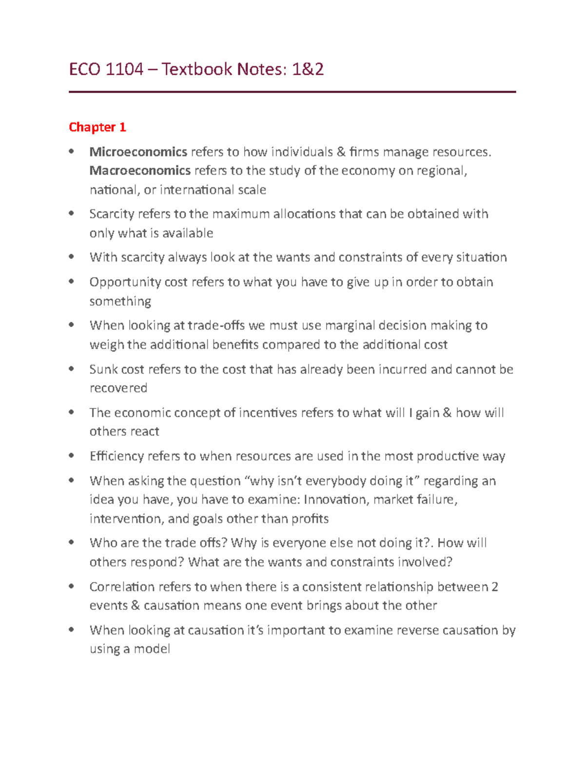 ECO 1104 - Textbook Notes 1 & 2 - ECO 1104 – Textbook Notes: 1& Chapter ...