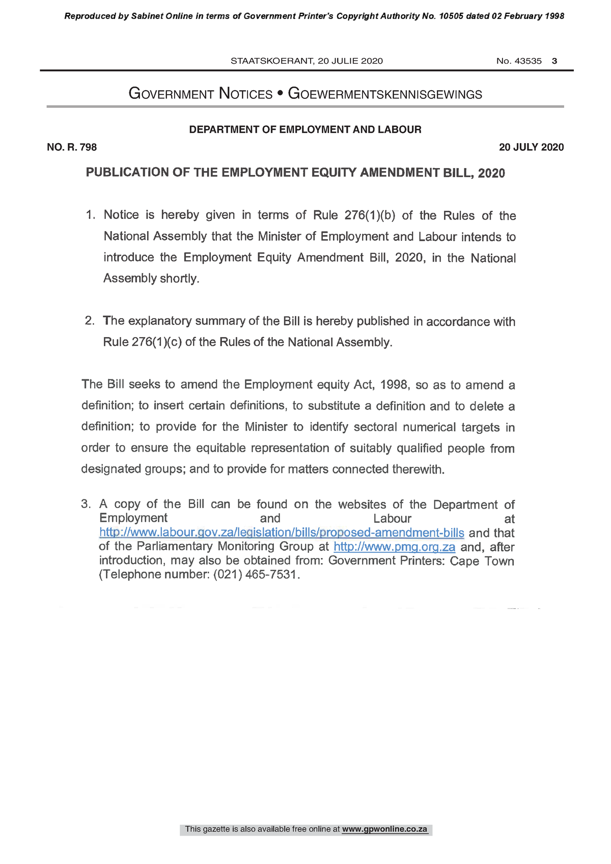 Employment Equity Amendment Bill The Bill seeks to amend the