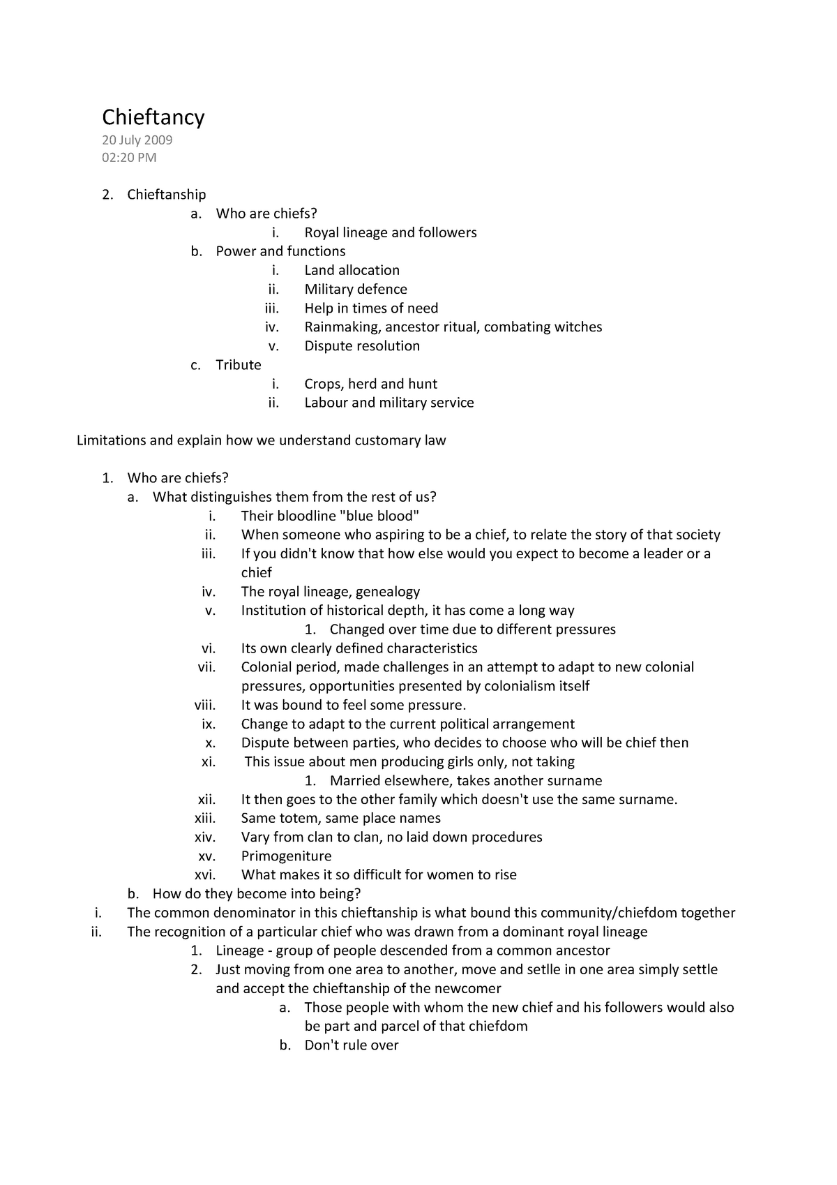 Pre-Colonial Customary Law - Chieftancy 20 July 2009 02:20 PM ...