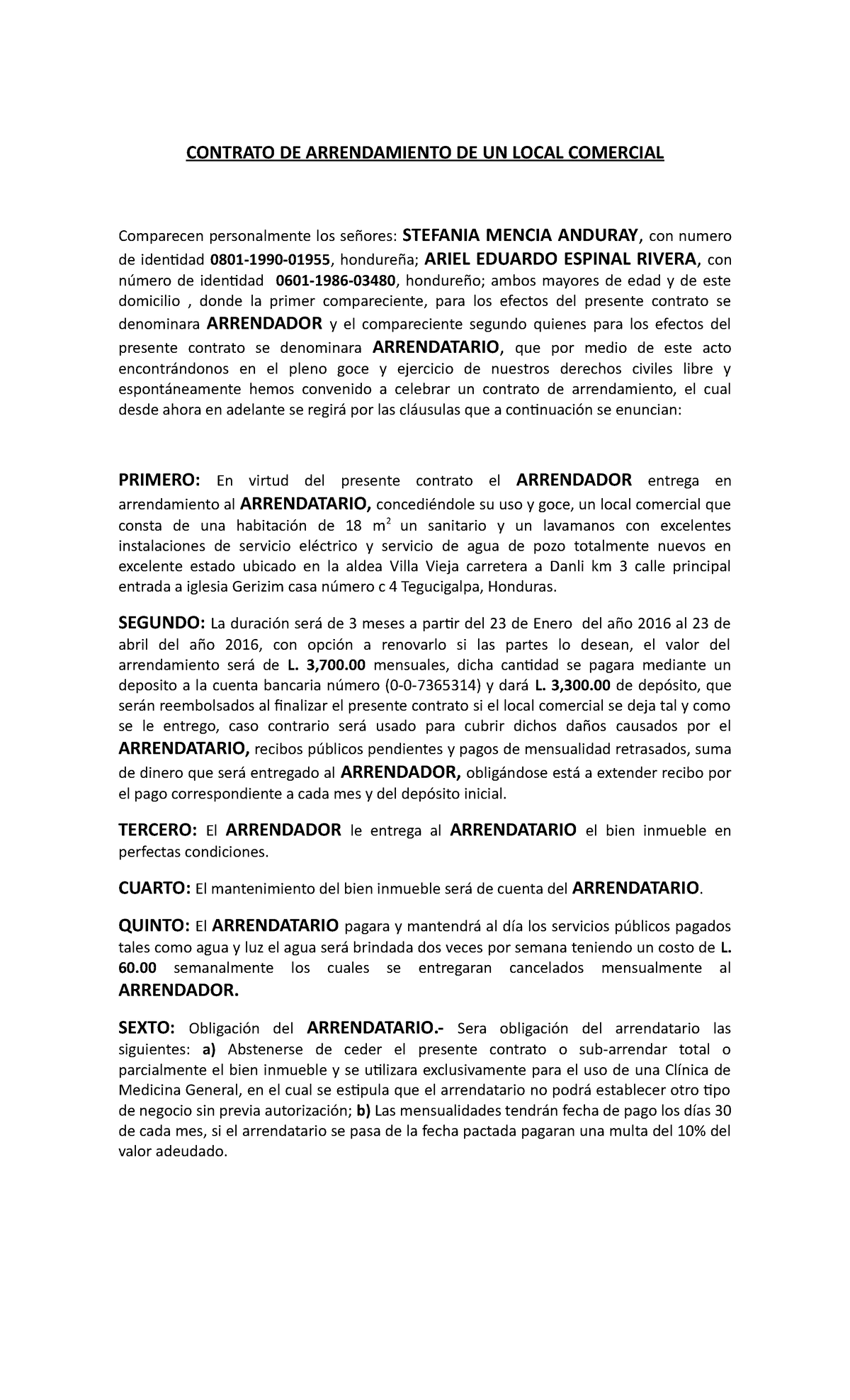 Contrato DE Arrendamiento De Un Local Comercial - CONTRATO DE ...