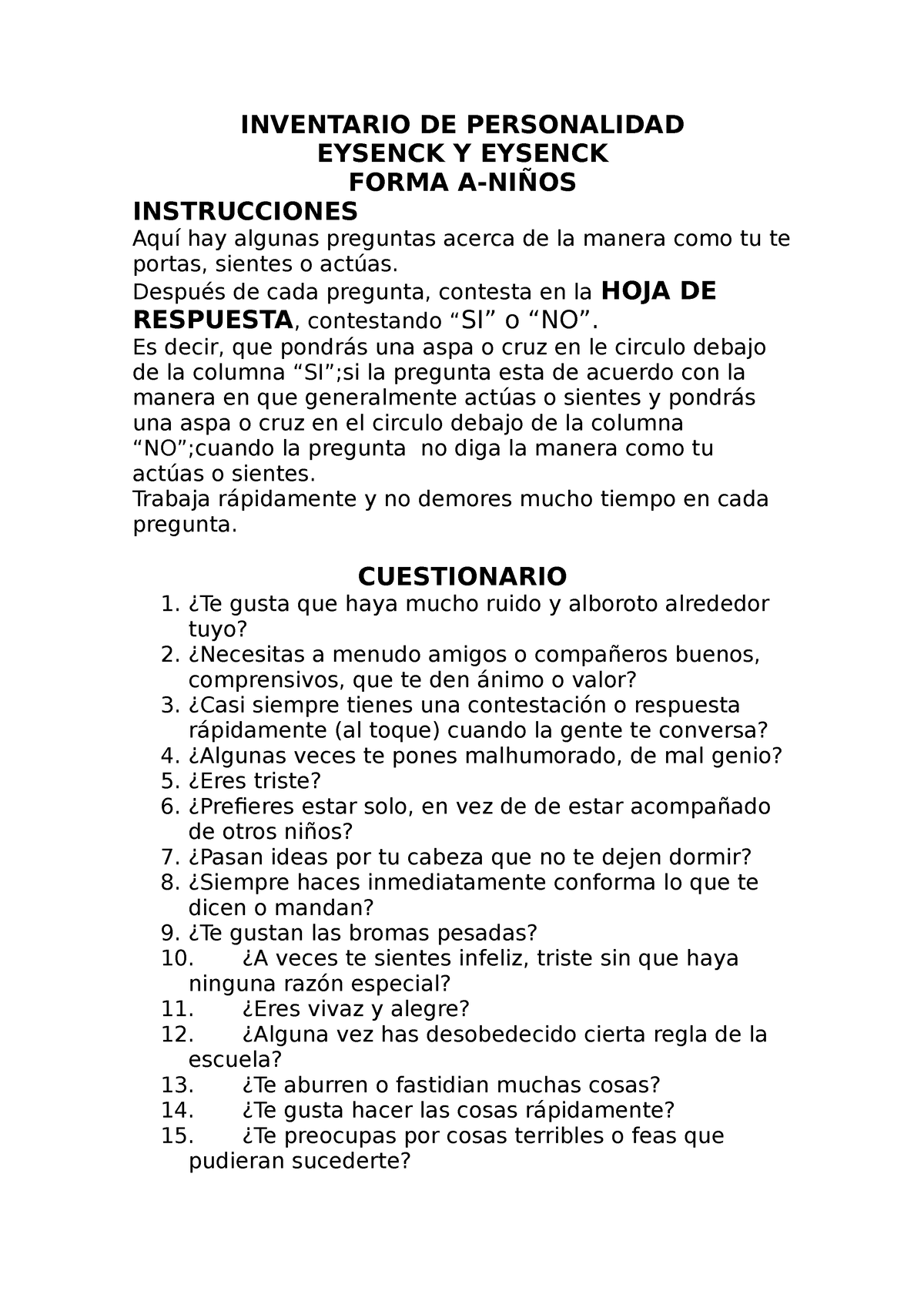 Inventario De Personalidad Eysenck Y Eys Inventario De Personalidad Eysenck Y Eysenck Forma