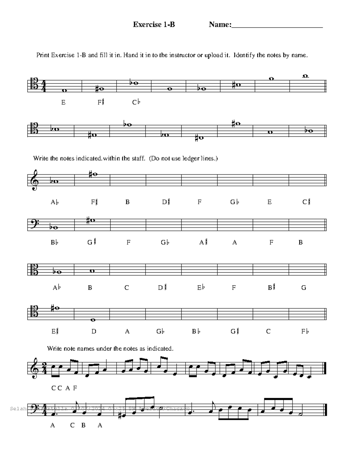 1-B - This Is A Worksheet For Rudiments Of Music - B 4 4 W #w B W B W B ...