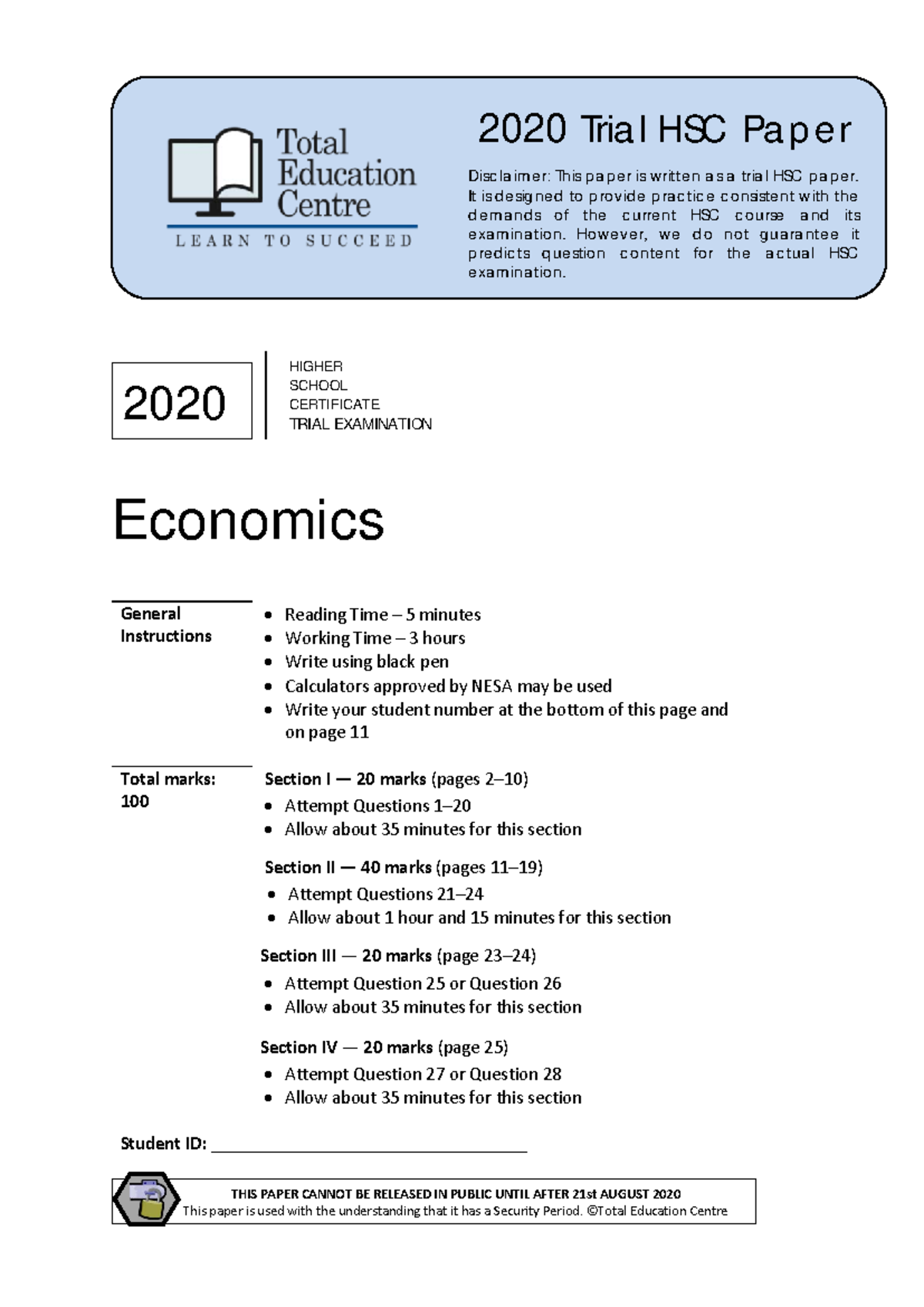 2020 Total Education Econ Trial - 2020 Trial HSC Paper Disclaimer: This ...