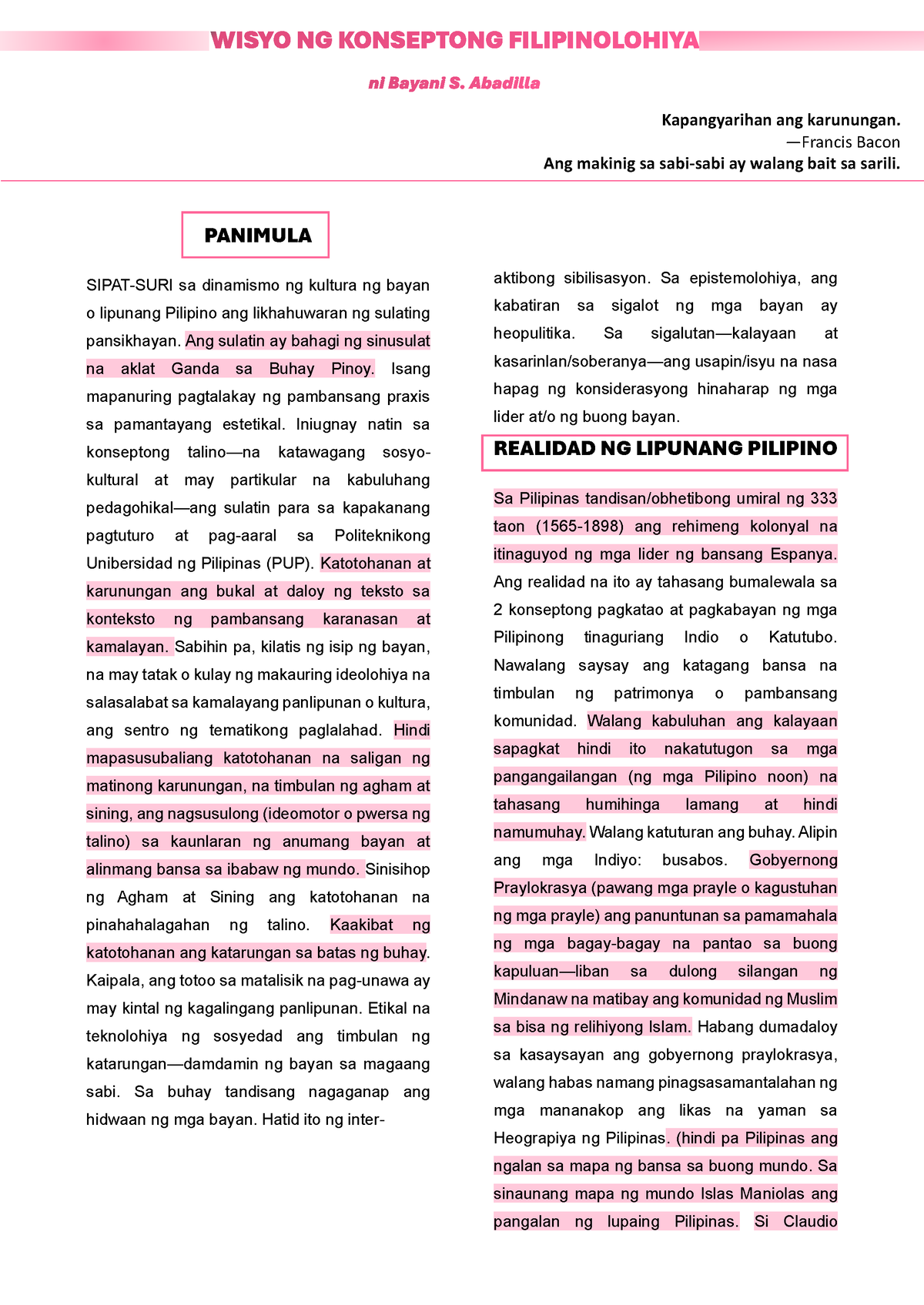 Filipinolohiya Lesson 2 - PANIMULA SIPAT-SURI Sa Dinamismo Ng Kultura ...