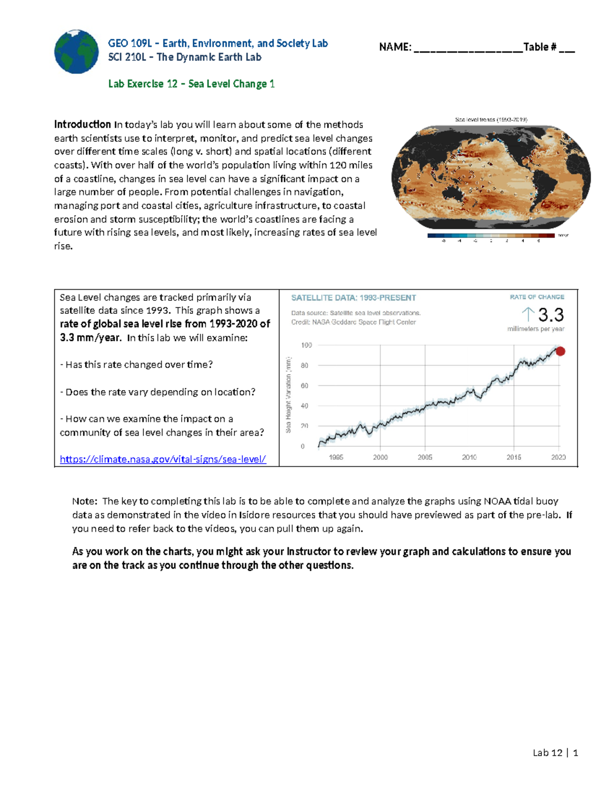 GEO109 SCI210 Lab+12+Sea+Level+Change+1+SP23 - GEO 109L – Earth ...