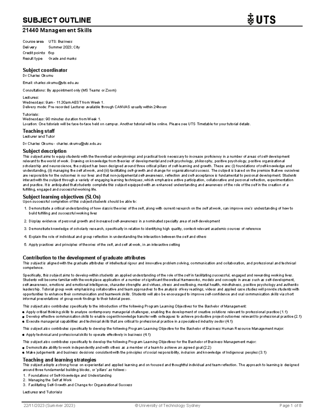 Management outline - SUBJECT OUTLINE 21440 Management Skills Subject ...