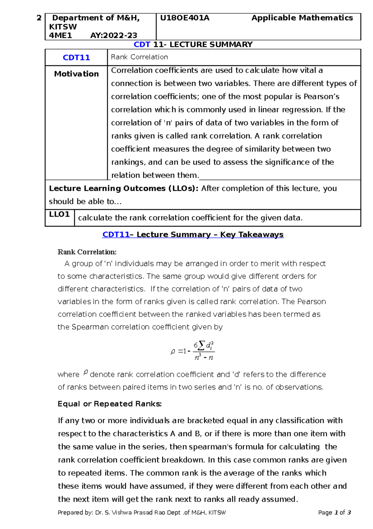 CDT11 Unit 2 Rank Correlation - 2 Department of M&H, KITSW 4ME1 AY:2022 ...