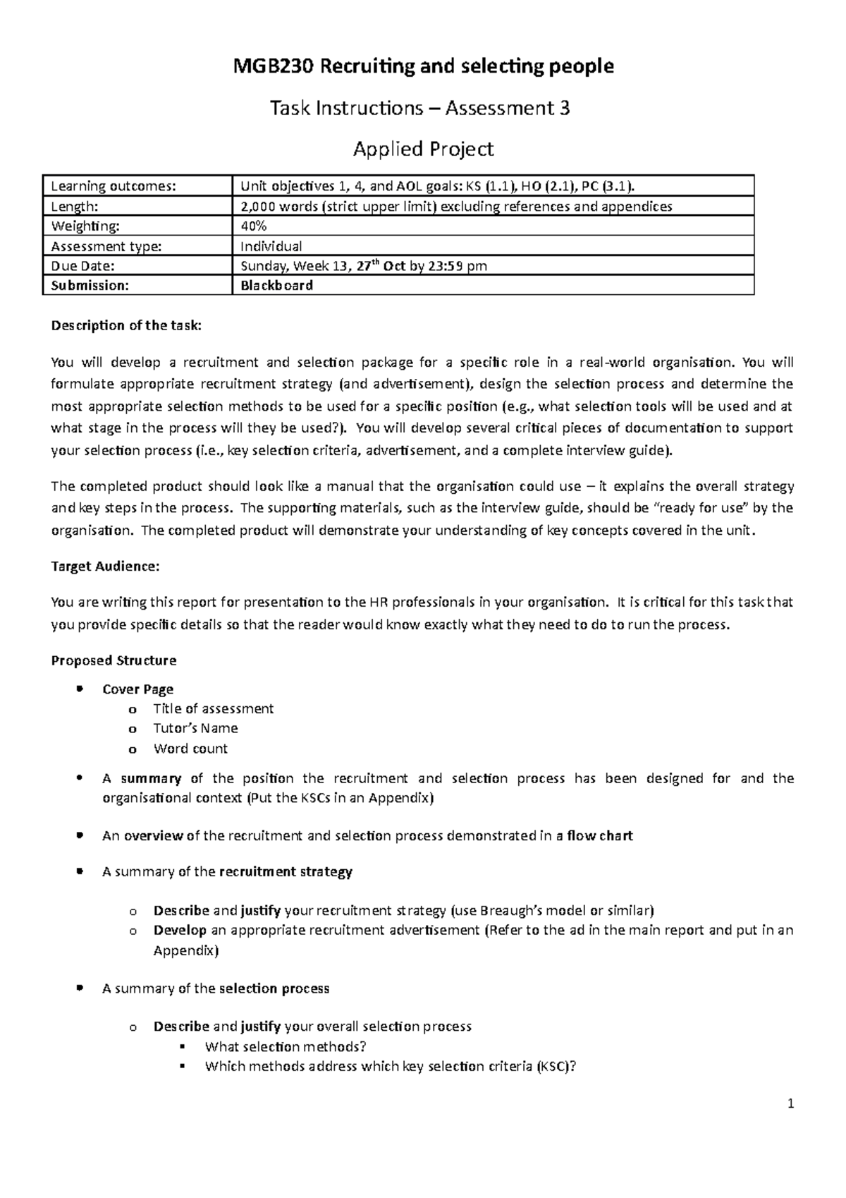 MGB230 Assessment 3 Task Instructions S2 2019 - MGB230 Recruiting and ...