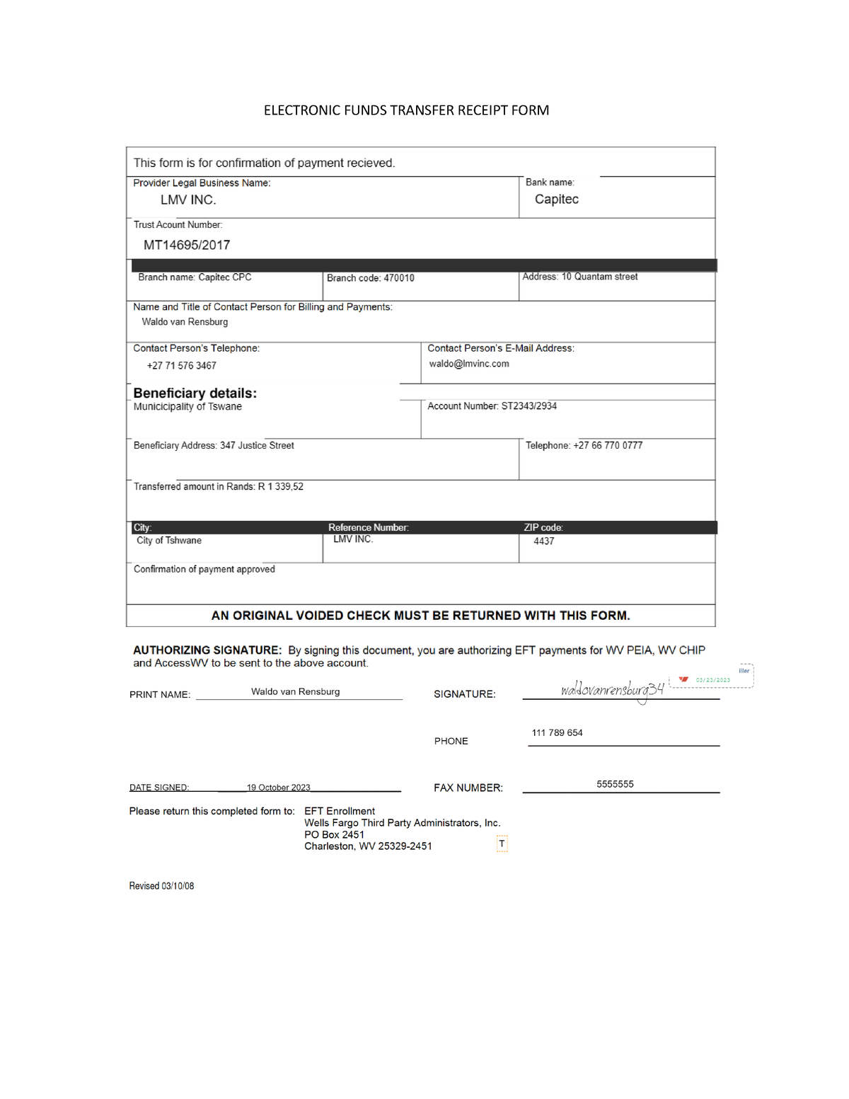 Electronic Funds Transfer Receipt FORM - ANO 410 - ELECTRONIC FUNDS ...