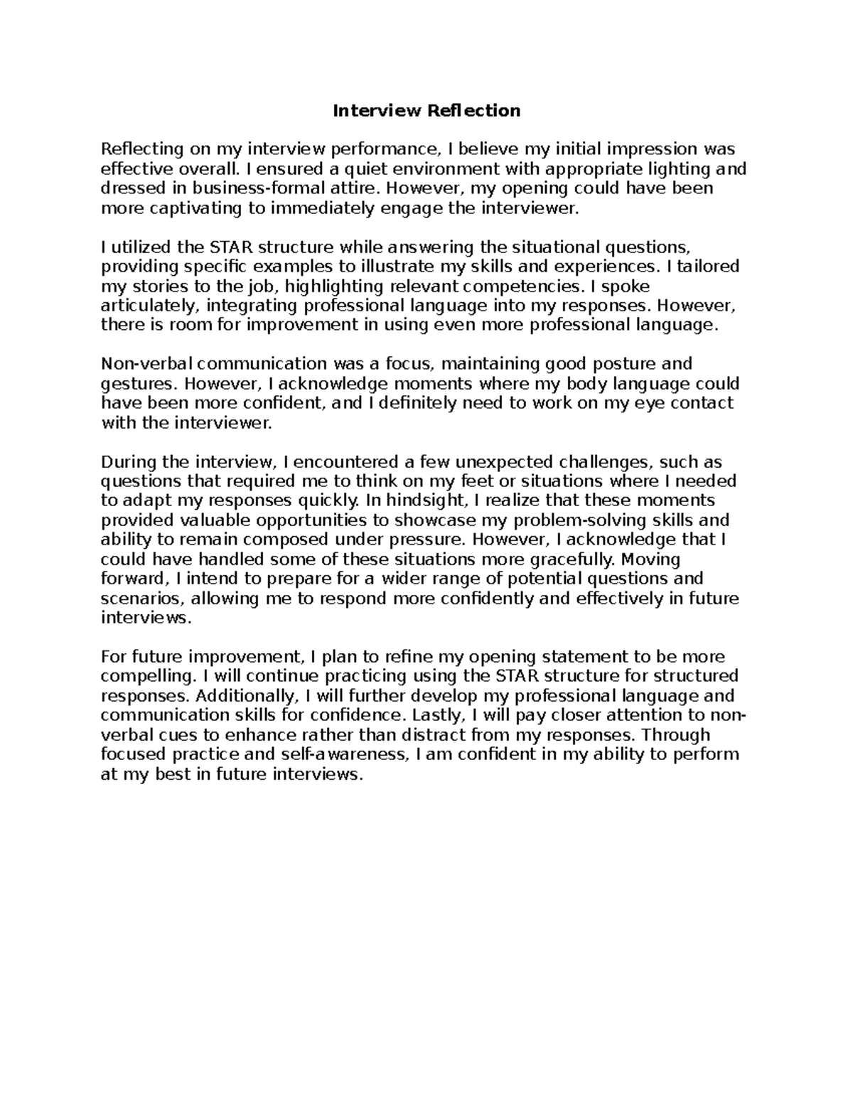 Interview Reflection - Interview Reflection Reflecting on my interview ...