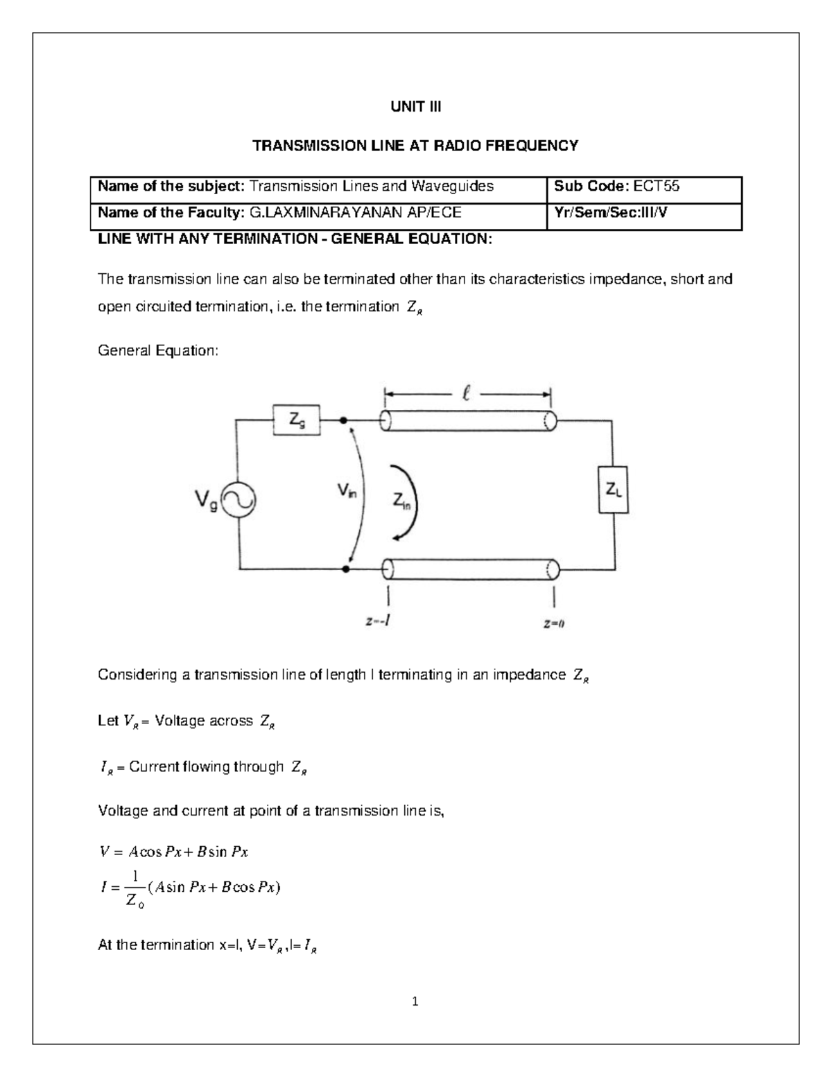TLW(U3) Transmission Lines and Waveguides Lecture Notes UNIT III