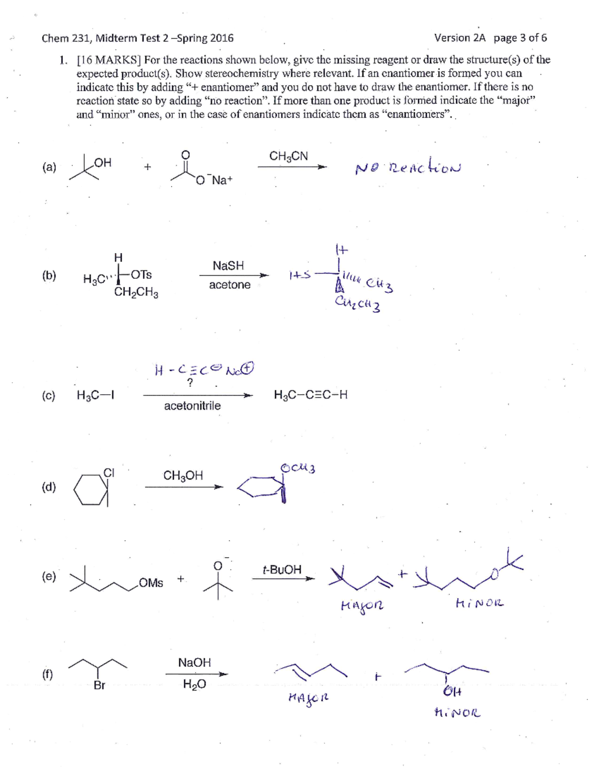 Exam 26 February 2016, questions and answers - Chem 231, Midterm Test 2 ...