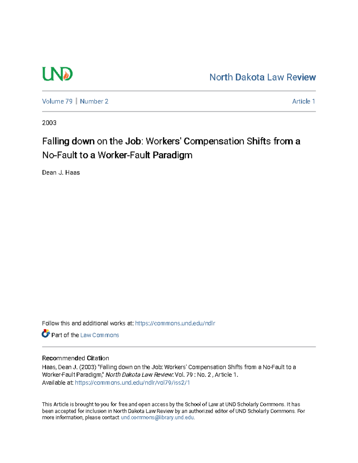 Falling down on the Job Workers u27 Comp North Dakota Law ReviewNorth