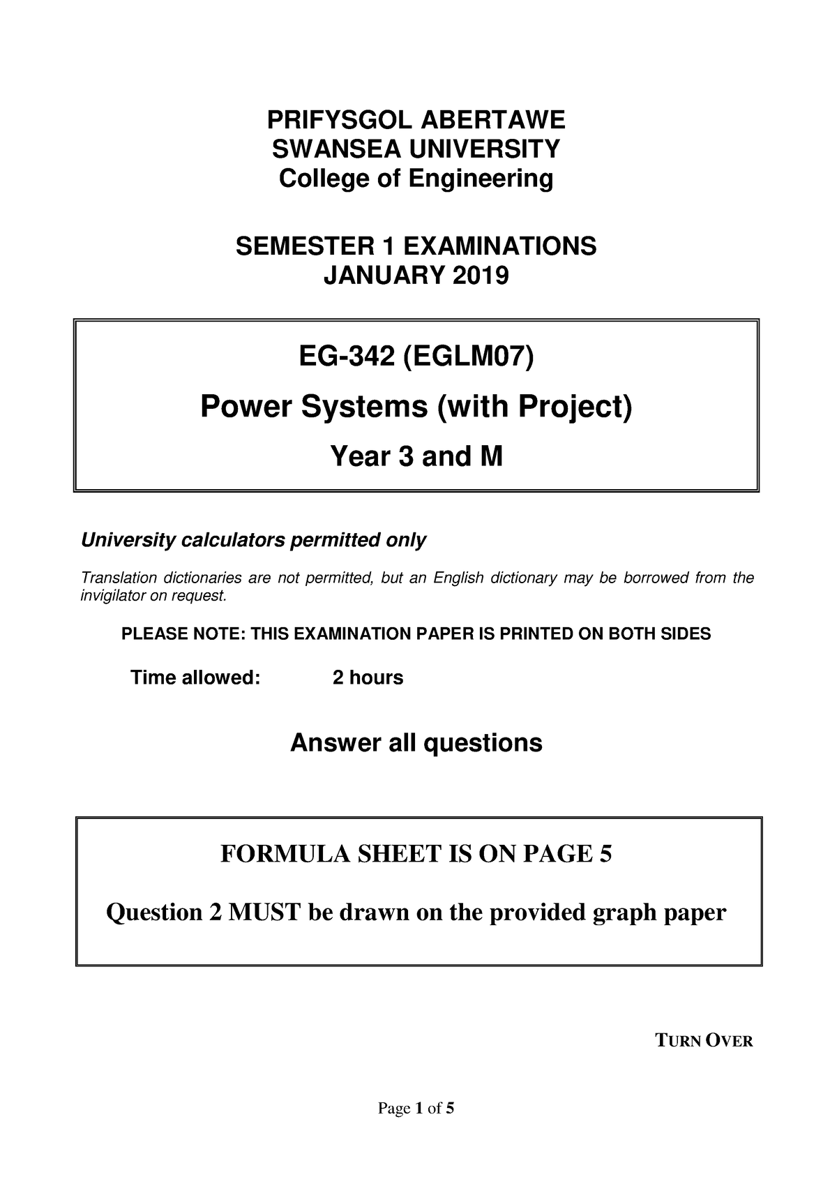 EG-342 Power Systems Exam Paper 18-19 - PRIFYSGOL ABERTAWE SWANSEA ...