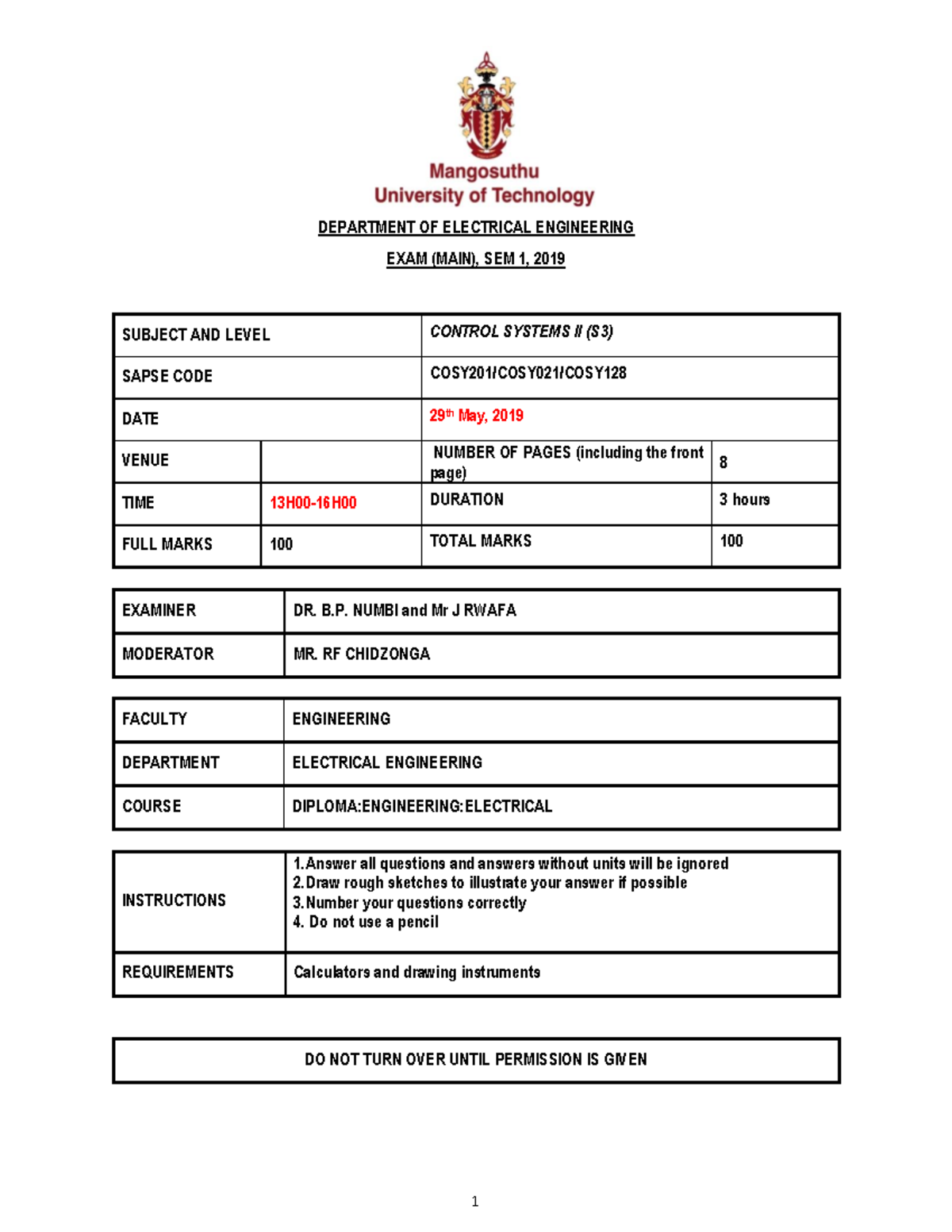 MAIN EXAM-SEM1-2019-Control Systems 2 - DEPARTMENT OF ELECTRICAL ...