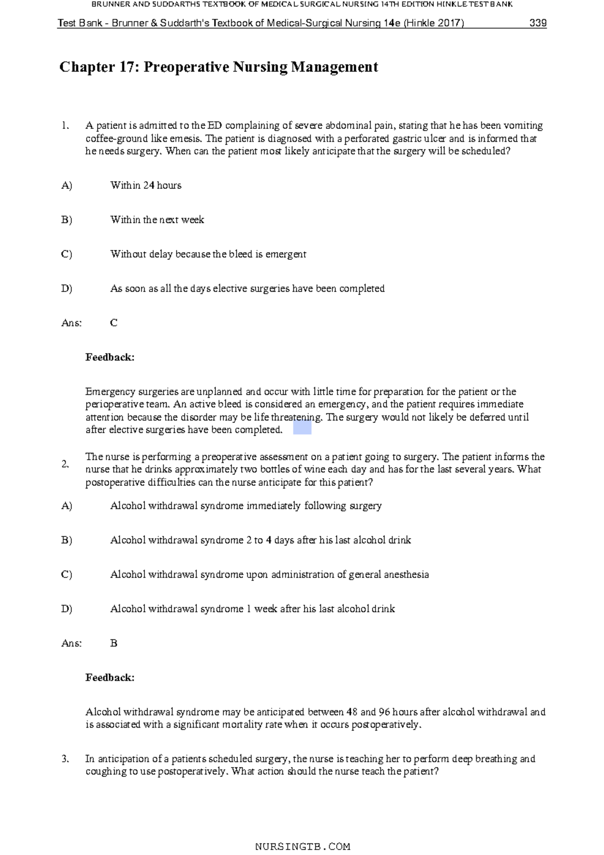 Ch 17 - Test Bank 14th Edition - Chapter 17: Preoperative Nursing ...