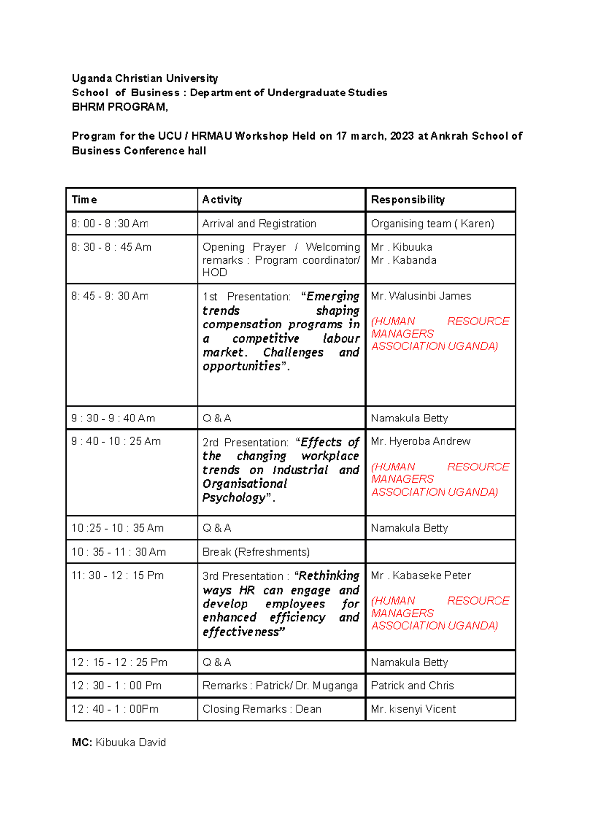BHRM Workshop Program - It is helpful - Uganda Christian University ...