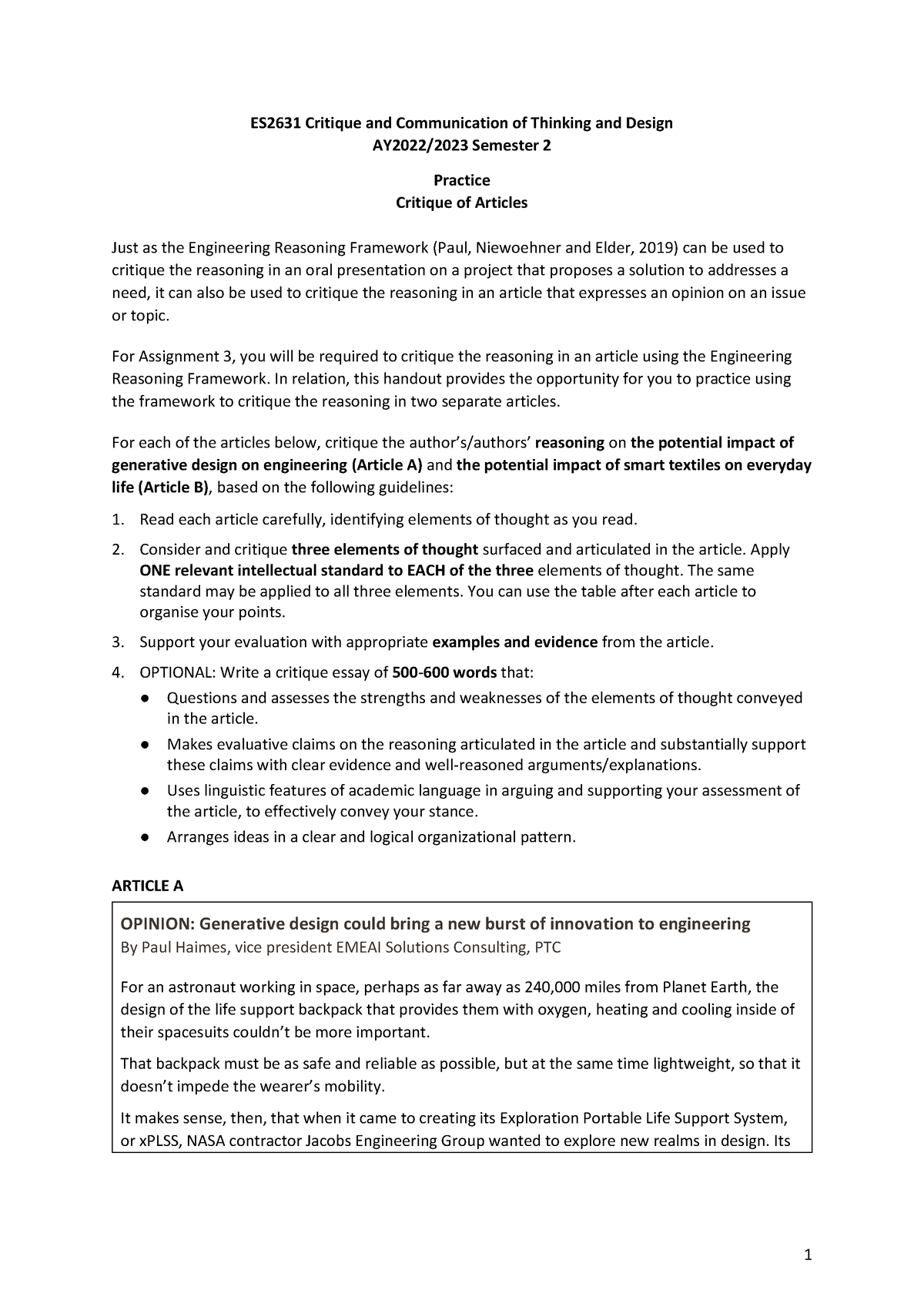 AY22 23 S2 Critique of Articles Practice - ES2631 Critique and ...