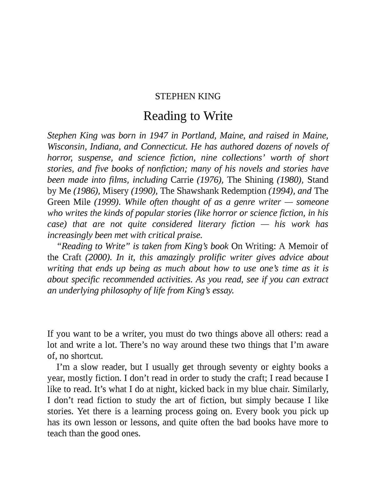 stephen king essay reading to write