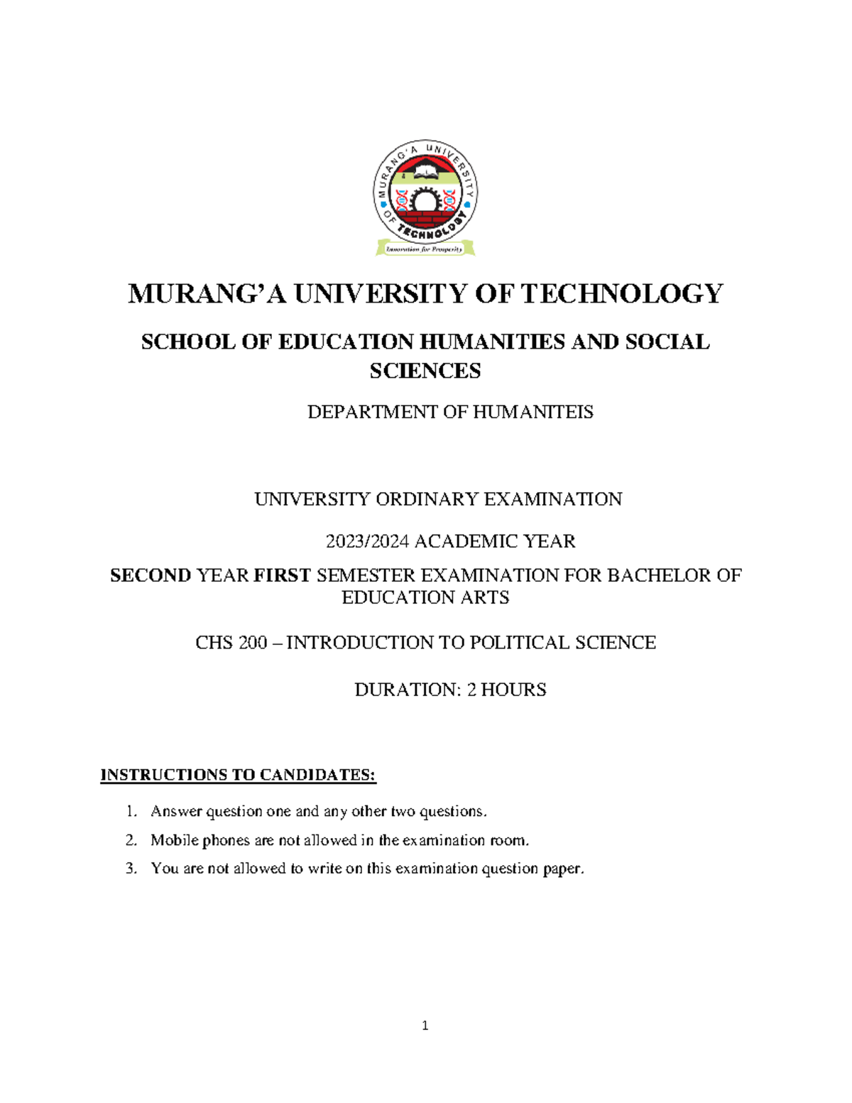 CHS 200 – Introduction TO Political Science - 1 MURANG’A UNIVERSITY OF ...