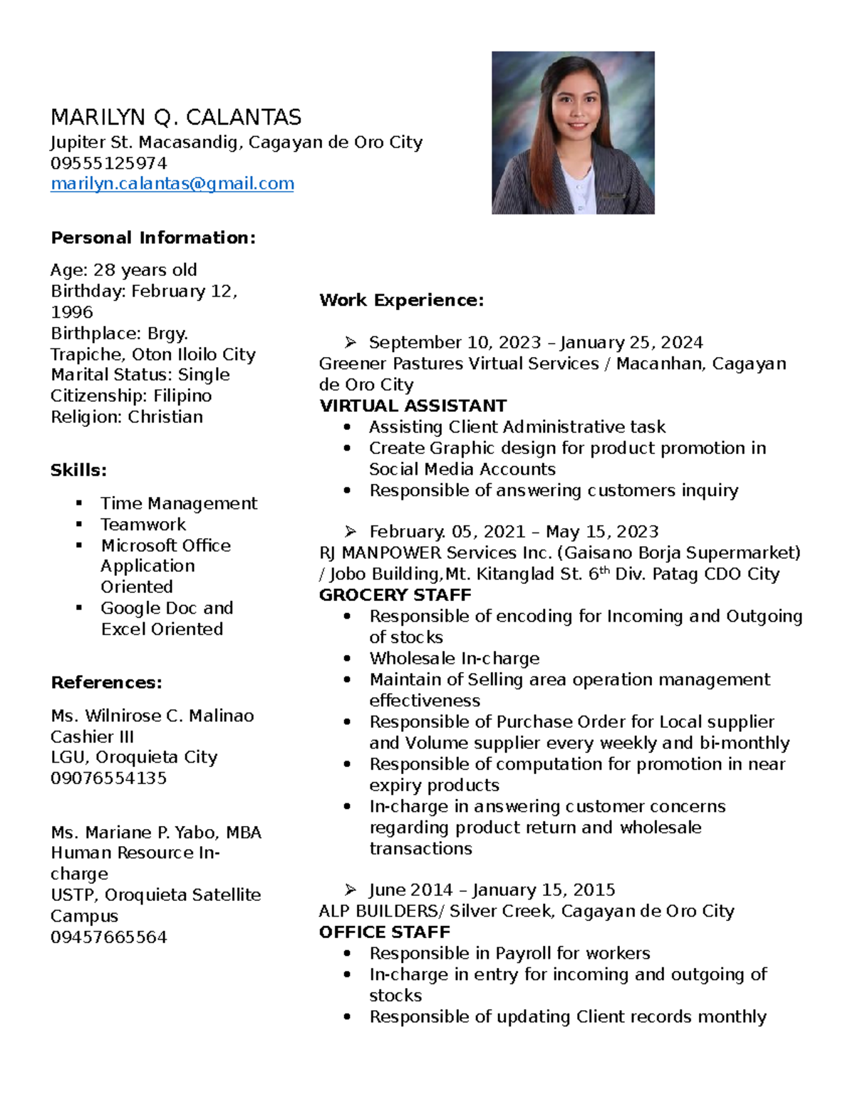 Marilyn-Resume - Resume in teacher 1 applicant - MARILYN Q. CALANTAS ...