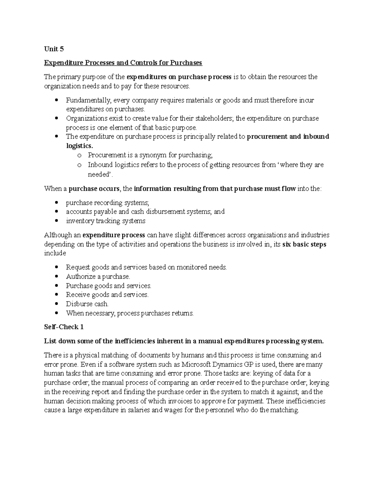 Unit 5 Expenditure Processes - Introduction To Accounting Information 