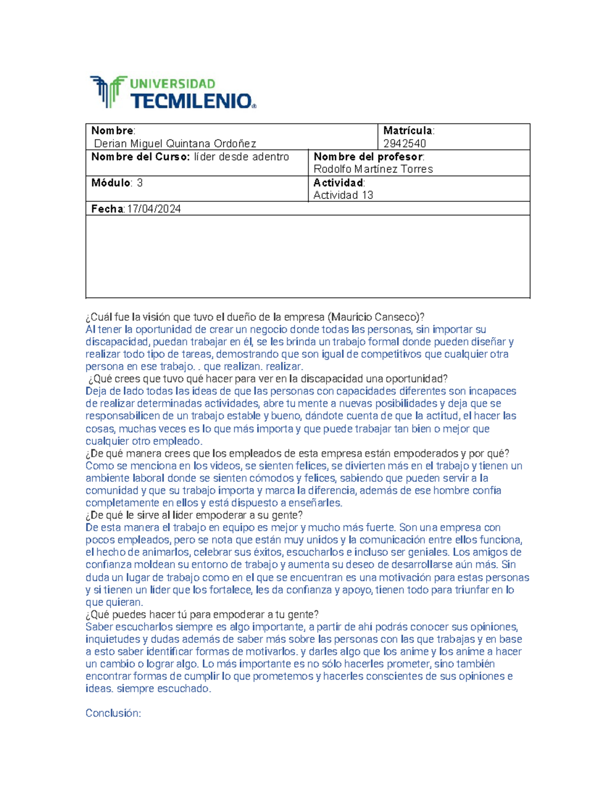 Actividad 13 Lider Desde Adentro - Nombre: Derian Miguel Quintana ...