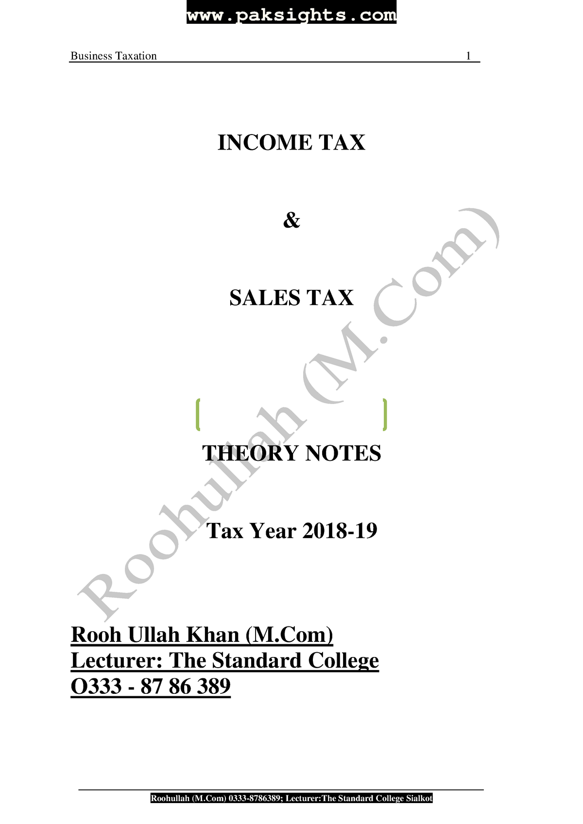 Business Taxation Notes B - Business Taxation 1 INCOME TAX & SALES TAX ...