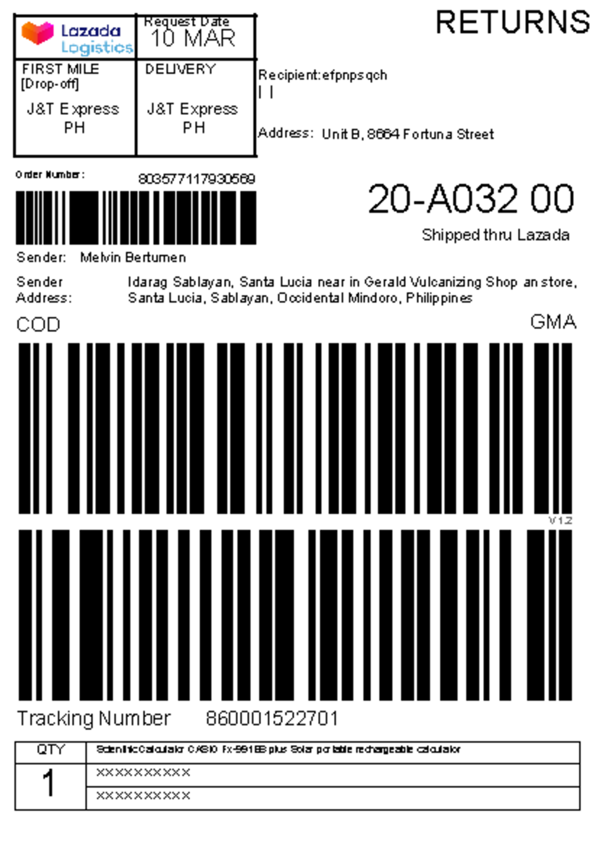 Return Label - Order Number: Address: efpnpsqch Unit B, 8664 Fortuna ...