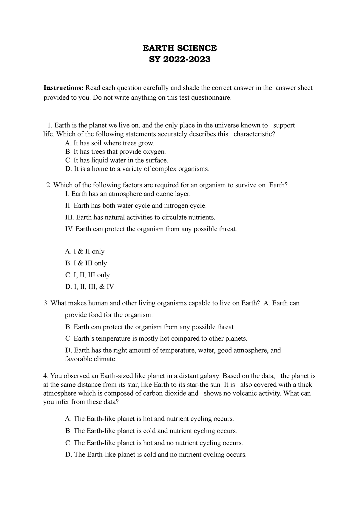 Earth Science - Reviewer Test - EARTH SCIENCE SY 2022- Instructions ...