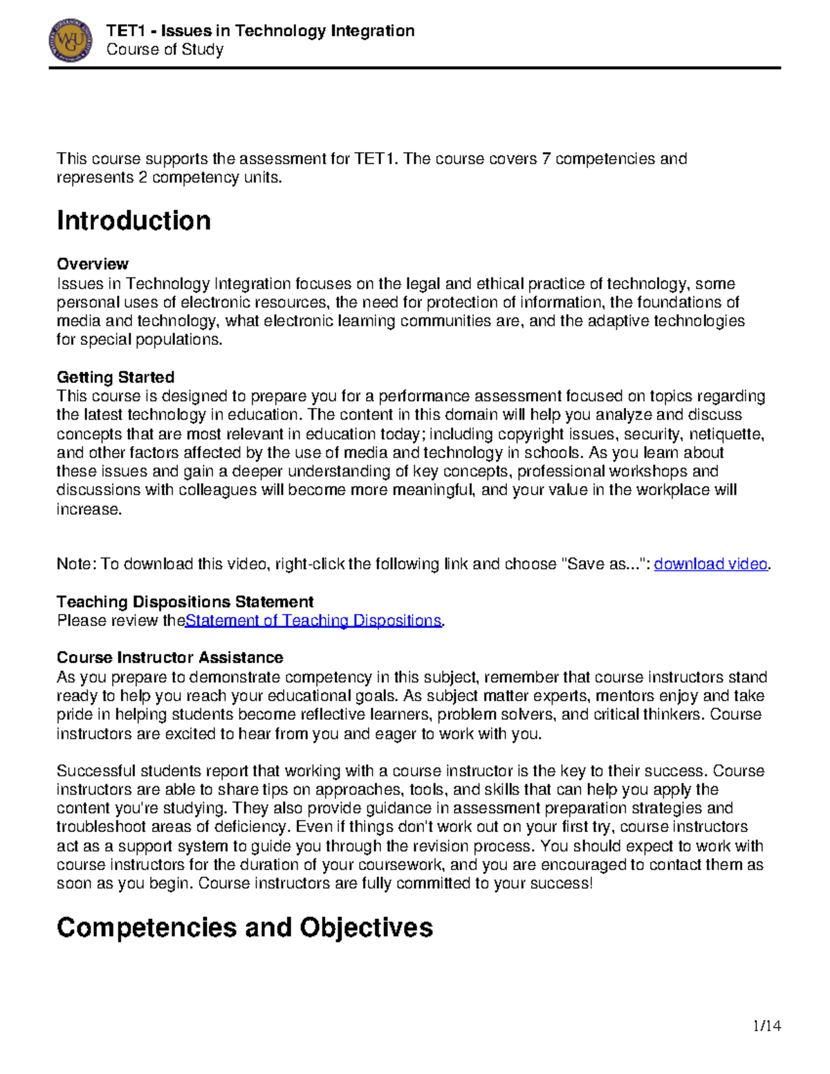 TET1 - Course of Study - Issues in Technology Integration - 2 CUs ...