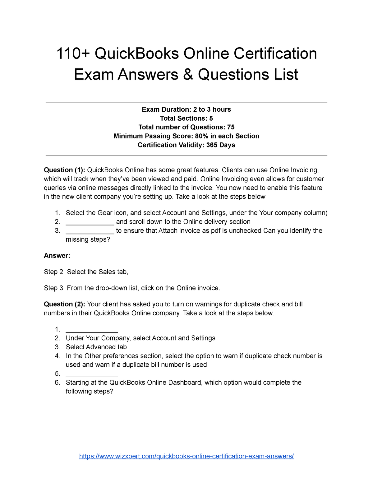Quick Books Online Certification Exam Answers Questions 110