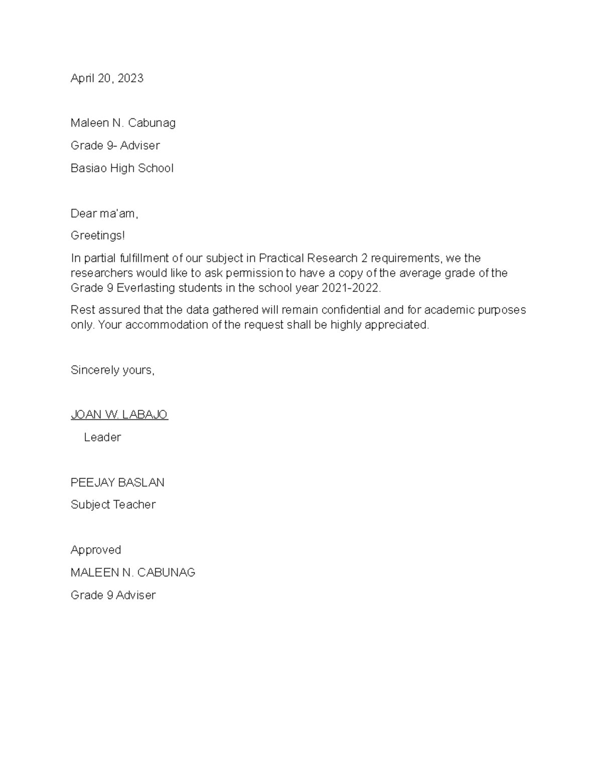 Letter april 20 2023 maleen n cabunag grade 9 adviser basiao high